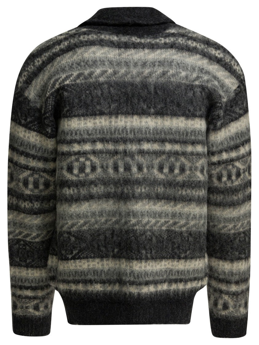 Beams Plus Button-Up Knitwear With Shawl Collar And Geometric Motifs