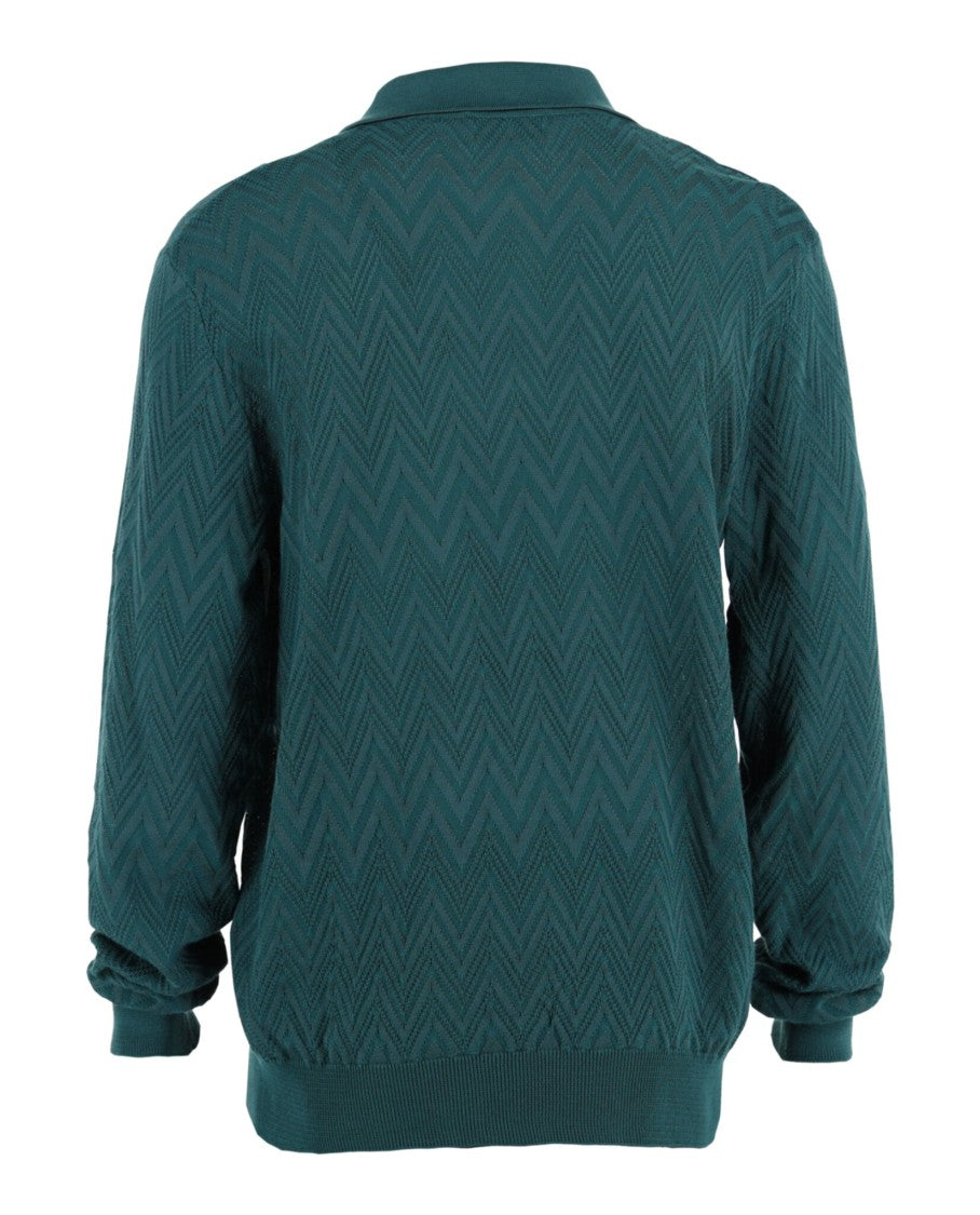 M Missoni Textured Zig Zag Knit Polo Shirt With V-Neck