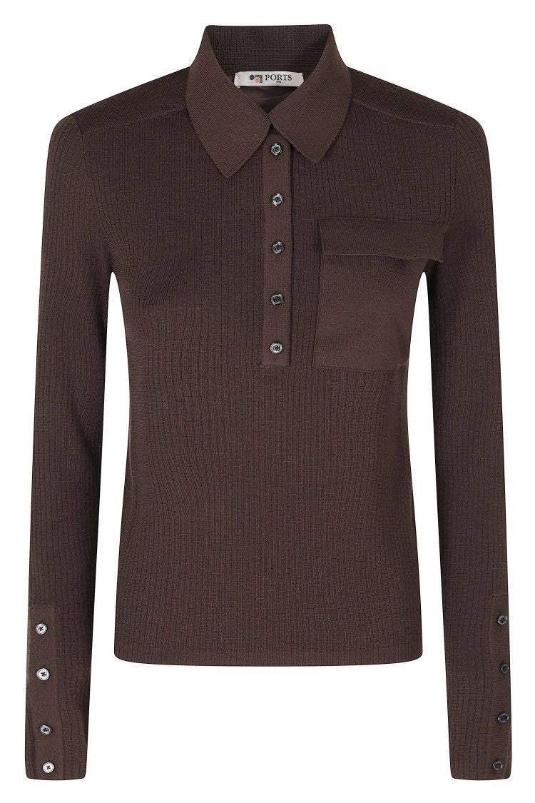 Ports 1961 Chocolate Ribbed Wool-Blend Polo Shirt