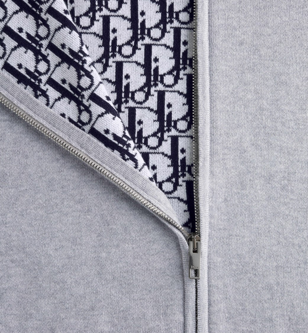 Christian Dior Light Grey Zip-Up Knit Top With Contrast Hood Lining