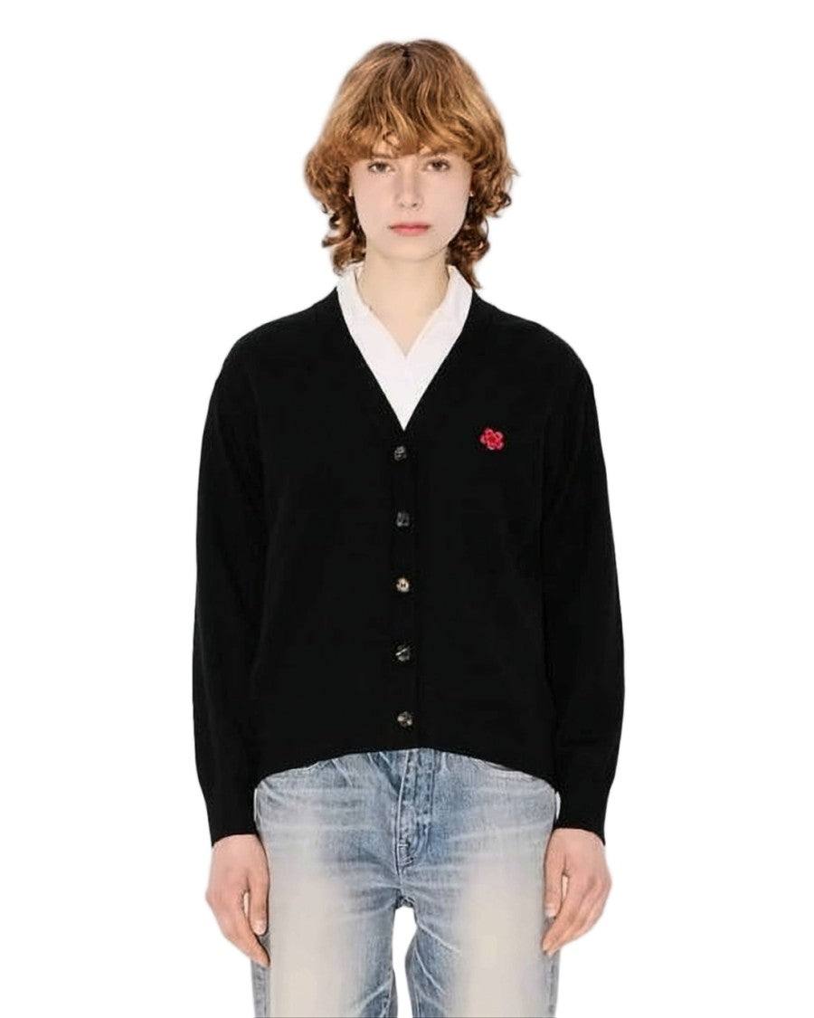 Kenzo V-Neck Black Cardigan With Floral Emblem
