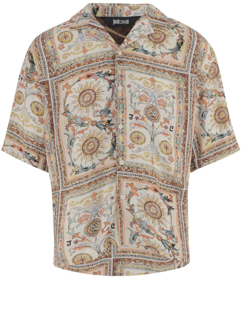 Just Cavalli Viscose Shirt Showcasing Intricate Sun Motifs And Ornamental Designs