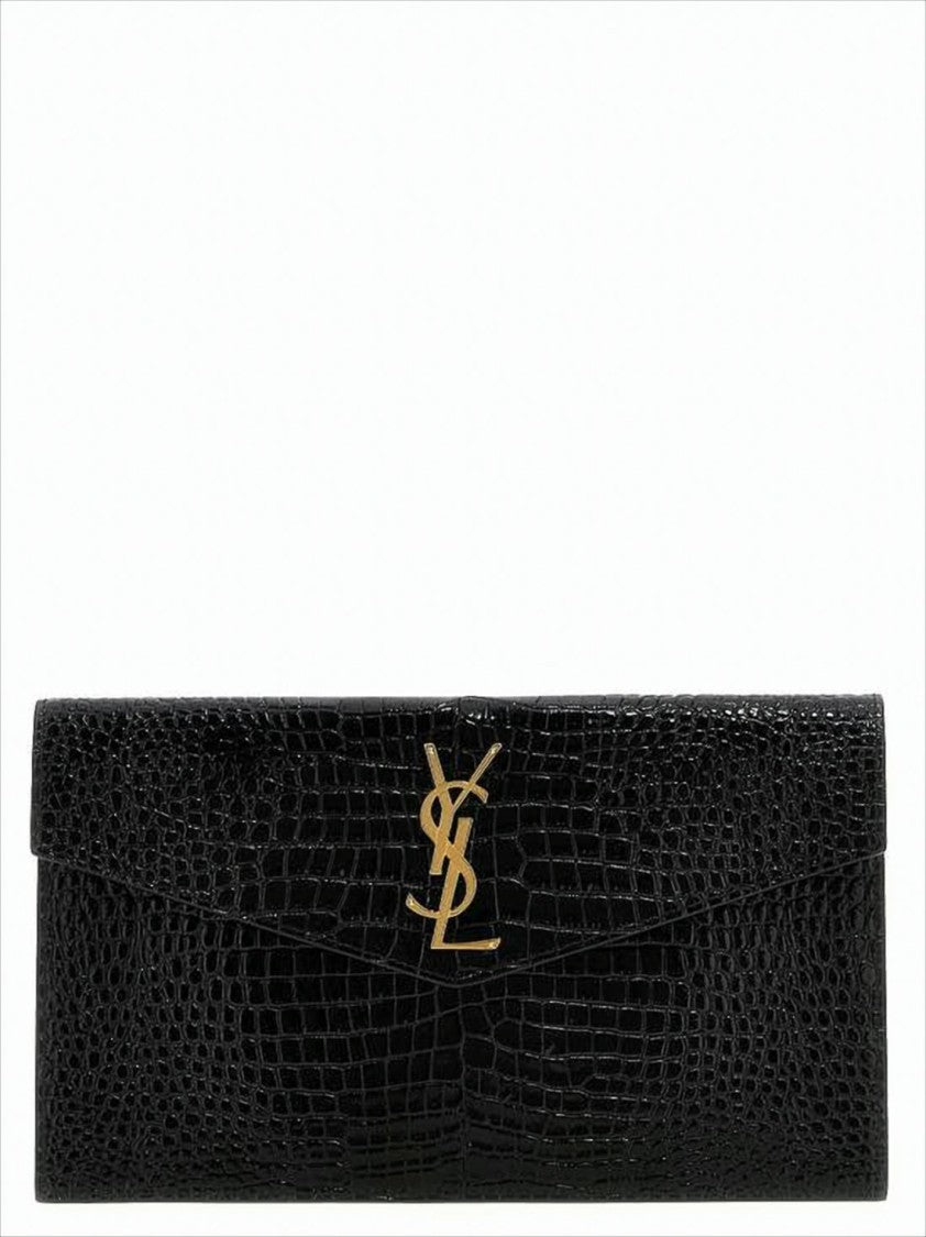 Saint Laurent Crocodile-Embossed Black Calf Leather Clutch