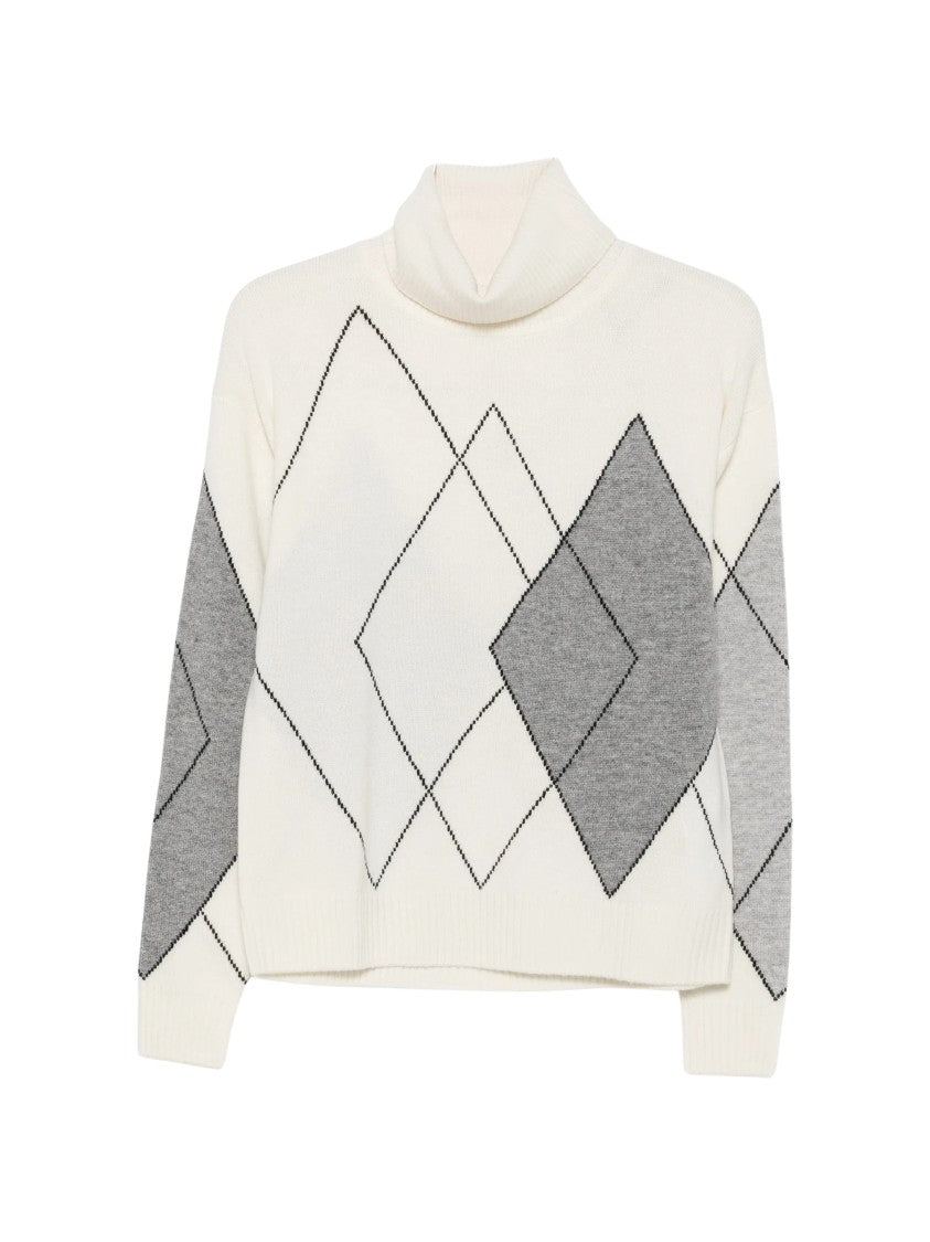 Seventy Venezia Cream White Argyle Wool-Blend Sweater