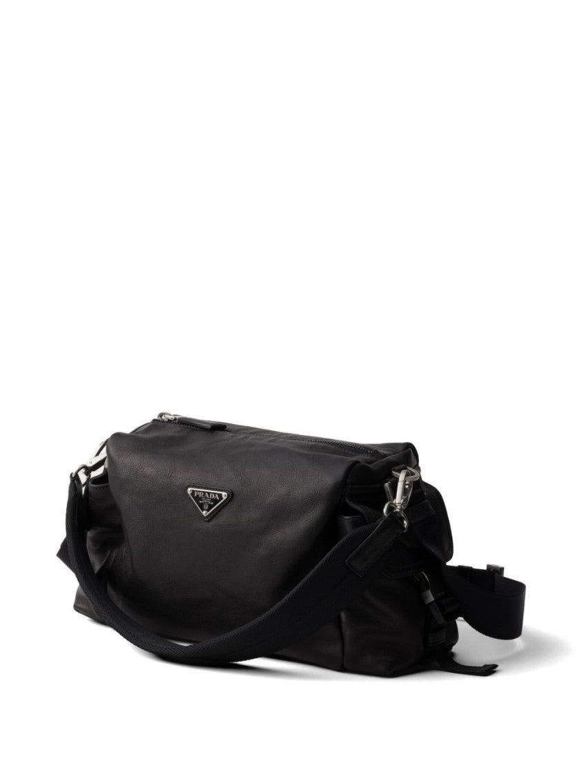 Prada Black Buffalo Leather Triangular Logo Shoulder Bag