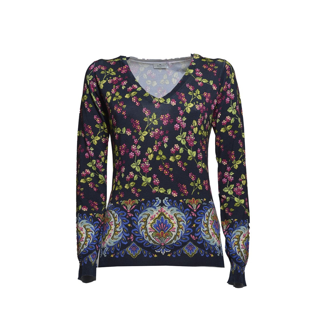 Etro Midnight Blue Silk V-Neck Sweater With Berries Pattern
