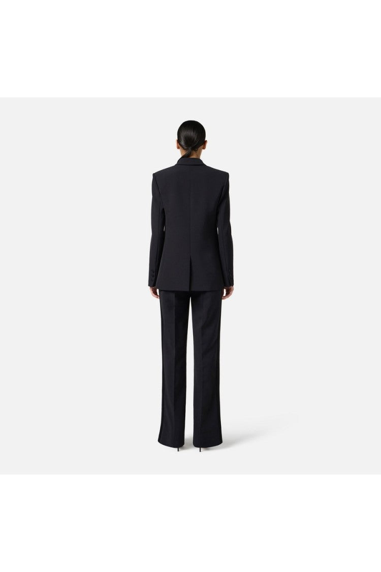 Elisabetta Franchi Black Pleated Satin Waistband Polyester-Blend Flared Pants