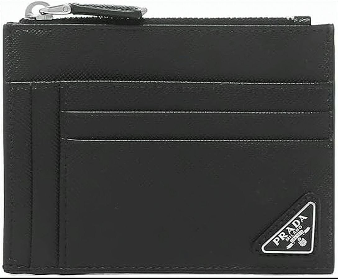 Prada Compact Black Card Wallet With Zippered Compartment