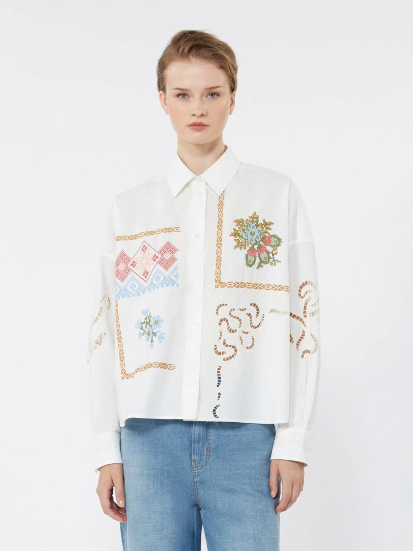 Max Mara Intricately Embroidered White Button-Up Shirt With Cropped Fit
