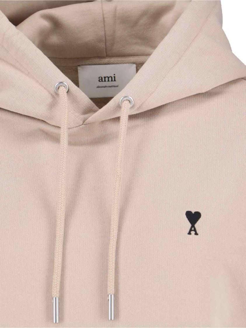 Ami Beige Cotton Hoodie With Drawstring And Logo Embroidery
