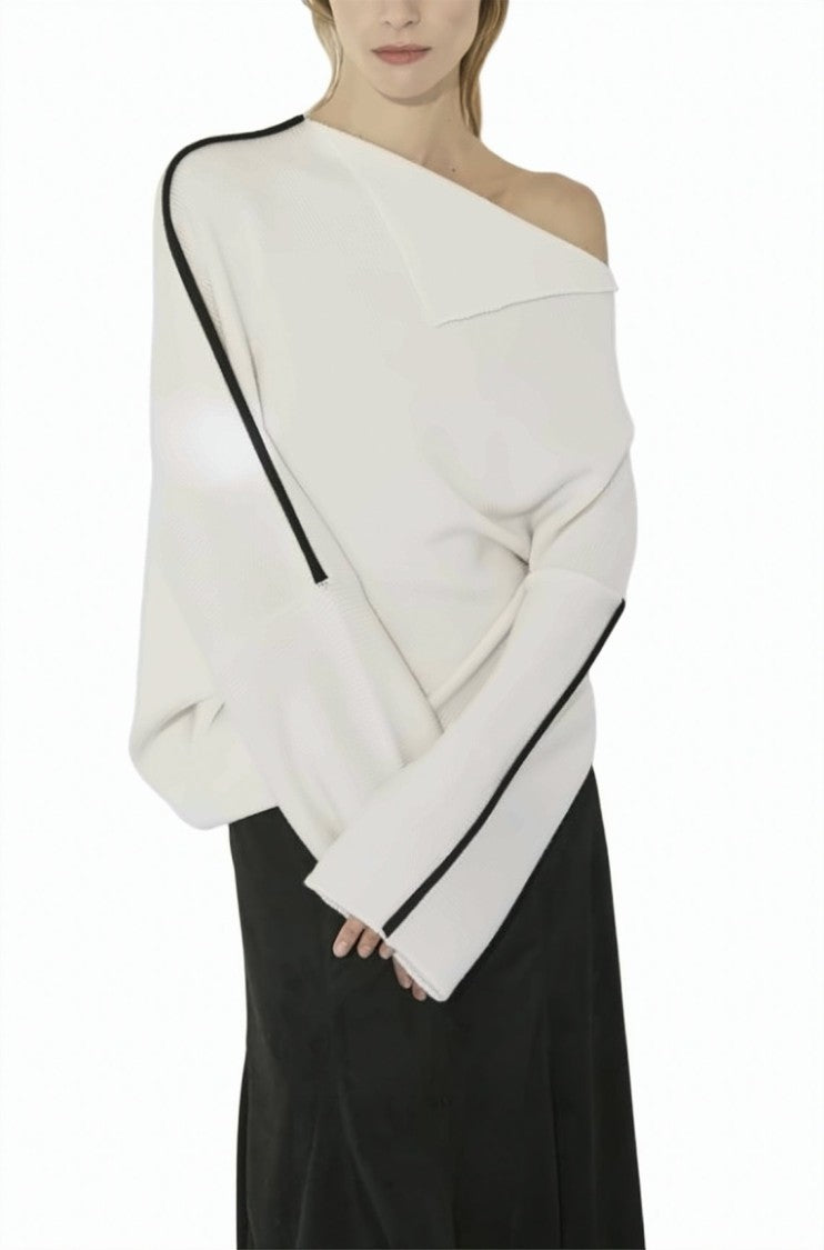Pier Antonio Gaspari White Off-Shoulder Striped Asymmetrical Pullover
