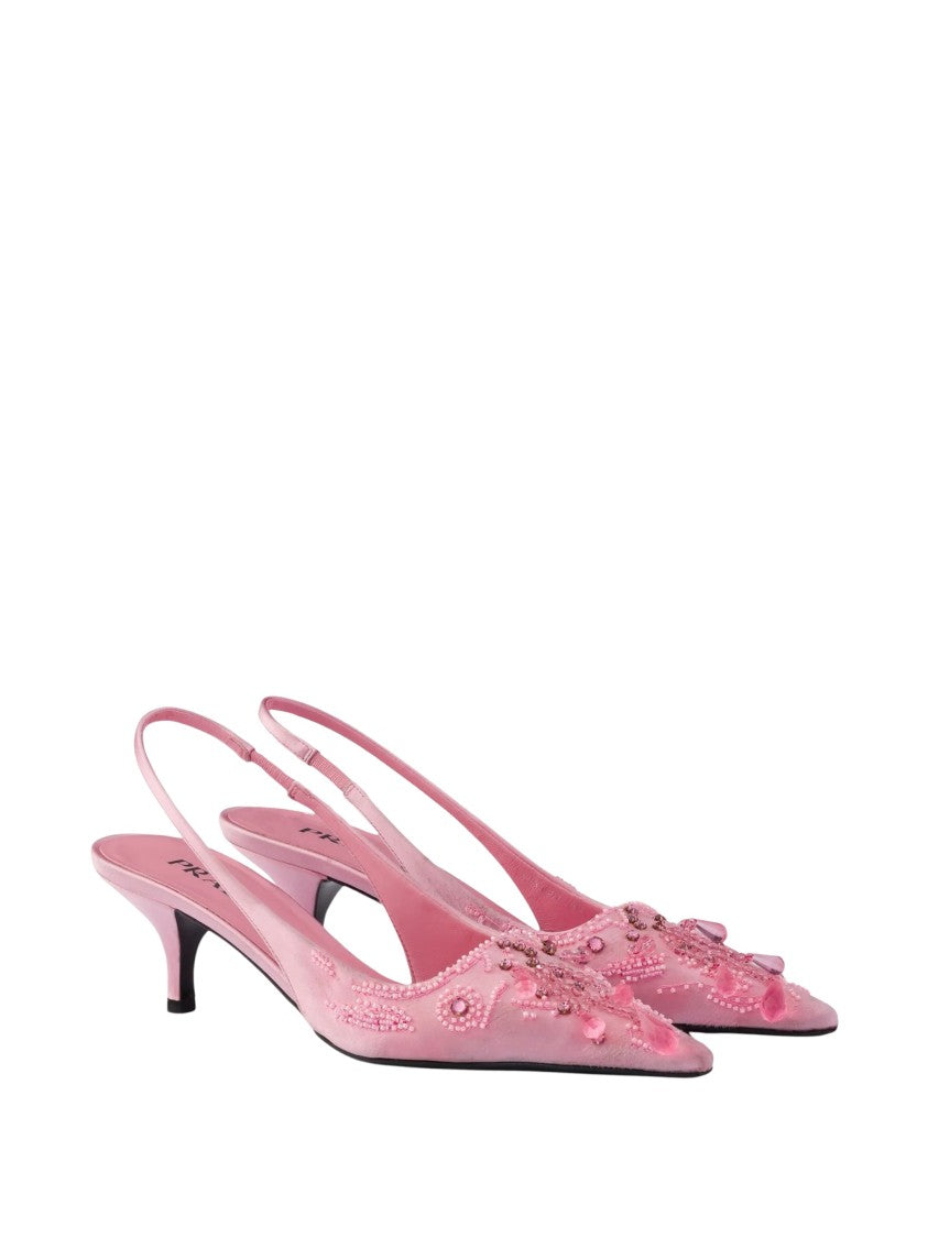 Prada Pink Decollete Embroidered Viscose-Silk Kitten Heel Pumps