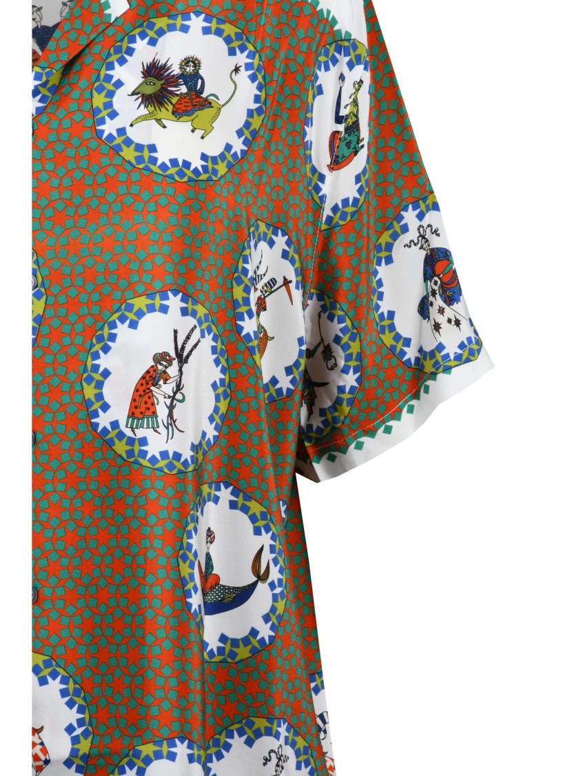 Rumi Su Multicolor Whimsical Motif Short-Sleeve Silk Shirt