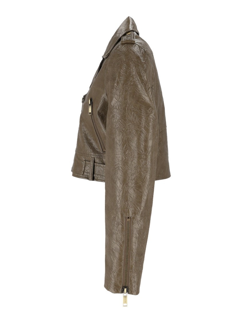 Michael Kors Brown Crop Fx Faux Leather Moto Jacket