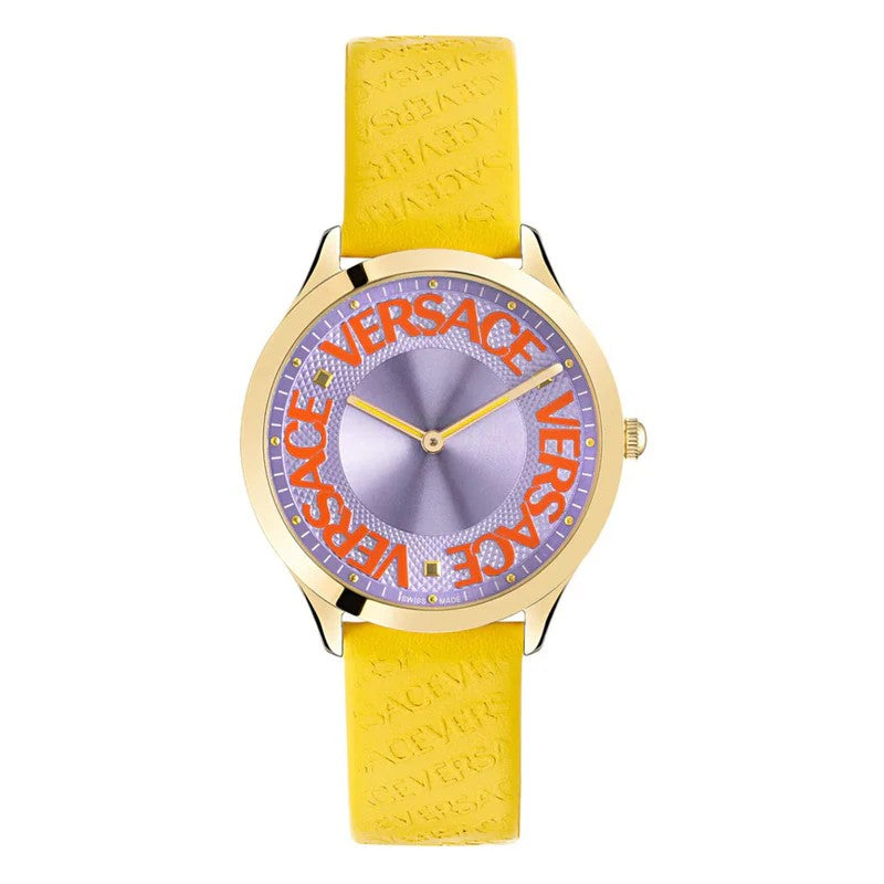 Versace 38Mm Stainless Steel Versace Watch With Lilac Dial And Leather Strap