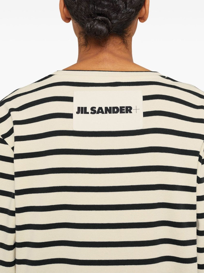Jil Sander Fine Ribbed Off-White And Black Crew Neck Sweater