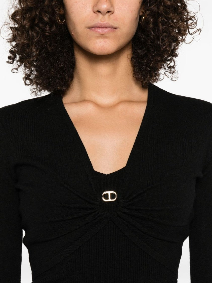 Twin-Set Deep V-Neck Shirt With Twist Detail And Gold Buckle