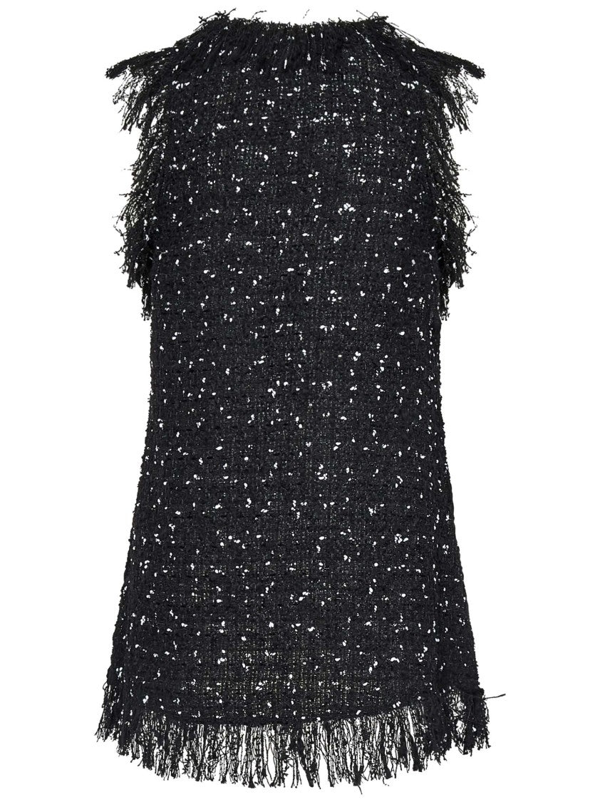 Balmain Embroidered Polka Dot Tweed Sleeveless Top With Fringes