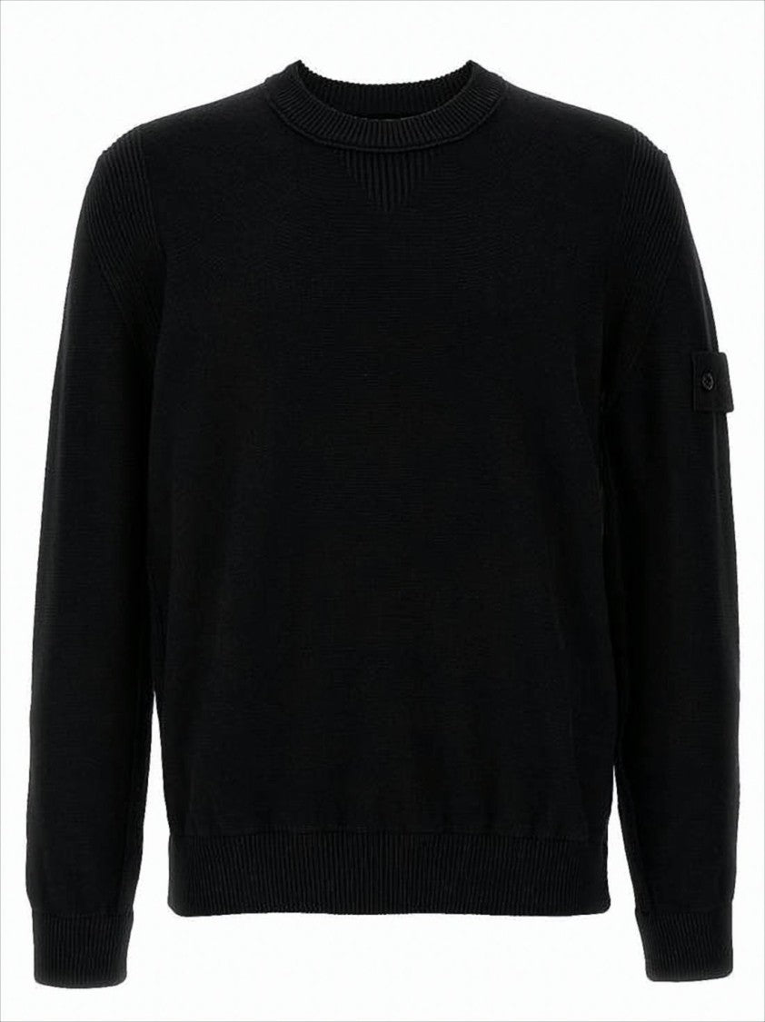 Stone Island Black Crew Neck Sweater With Textured Knit And Patch Detail