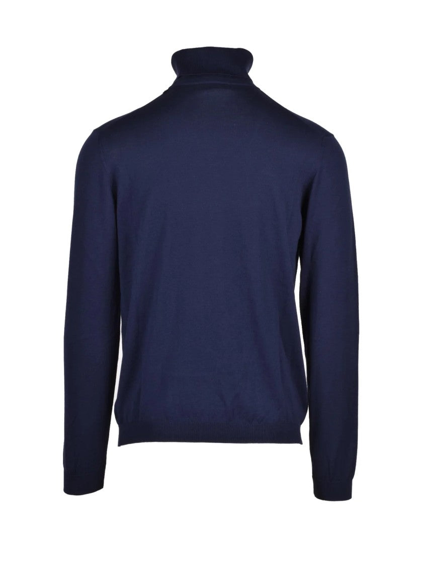 Alpha Studio Navy Blue Cotton Silk Sweater With High Turtleneck And Ribbed Details