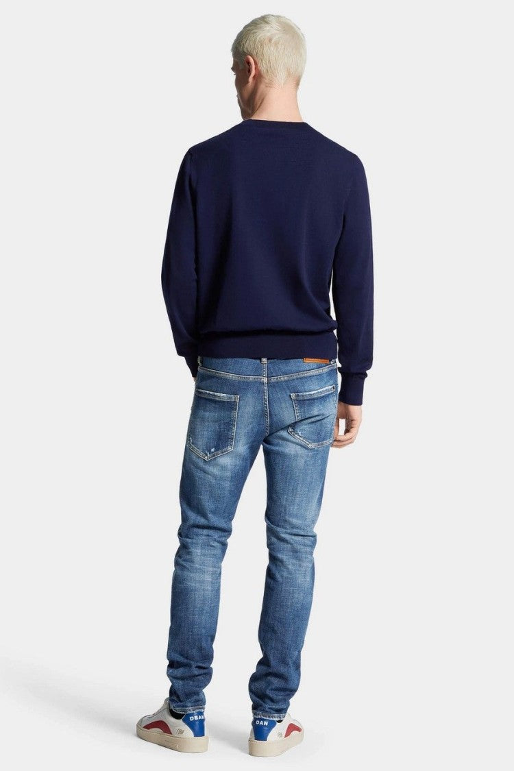 Dsquared2 Blue Whiskered Distressed Cotton-Blend Slim-Fit Jeans