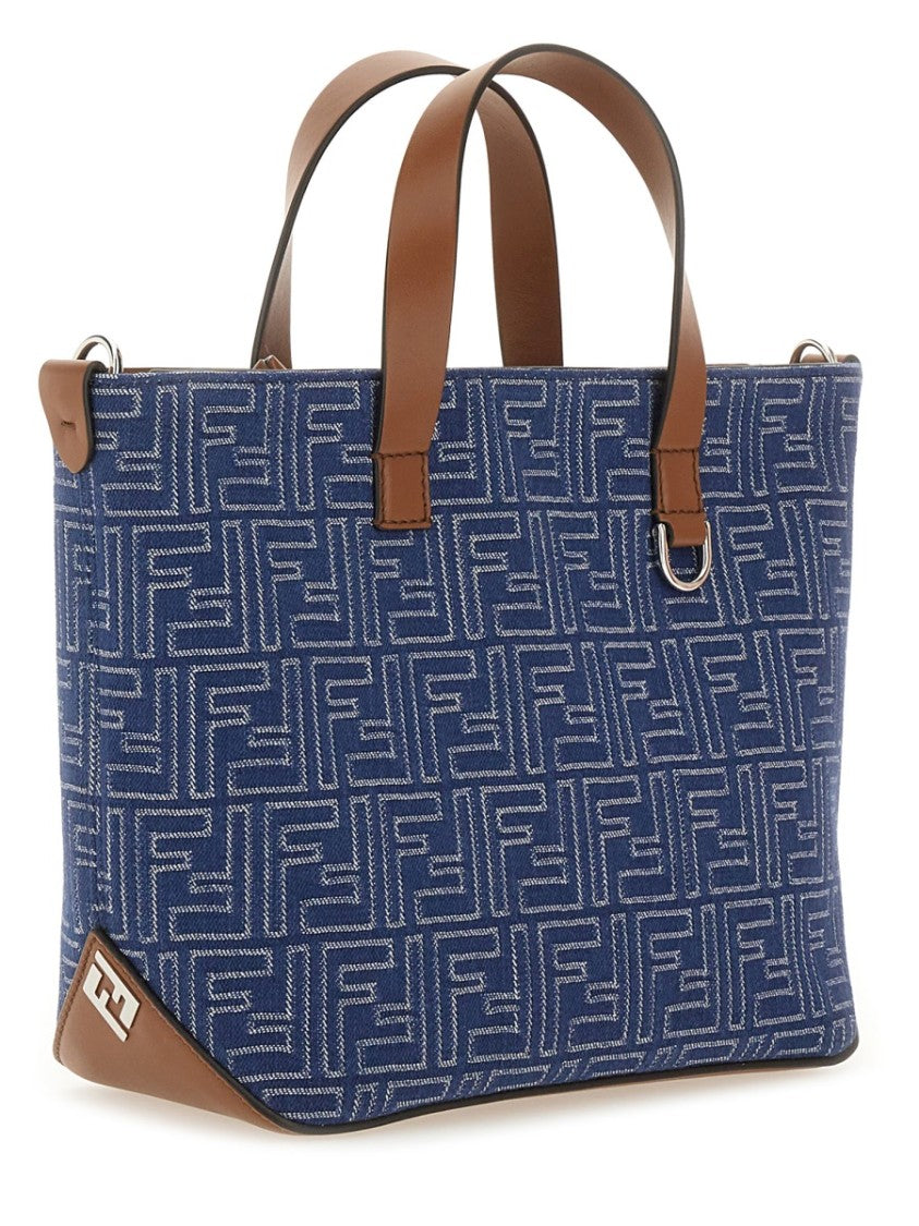 Fendi Structured Cotton Ff Shopping Bag With Leather Accents