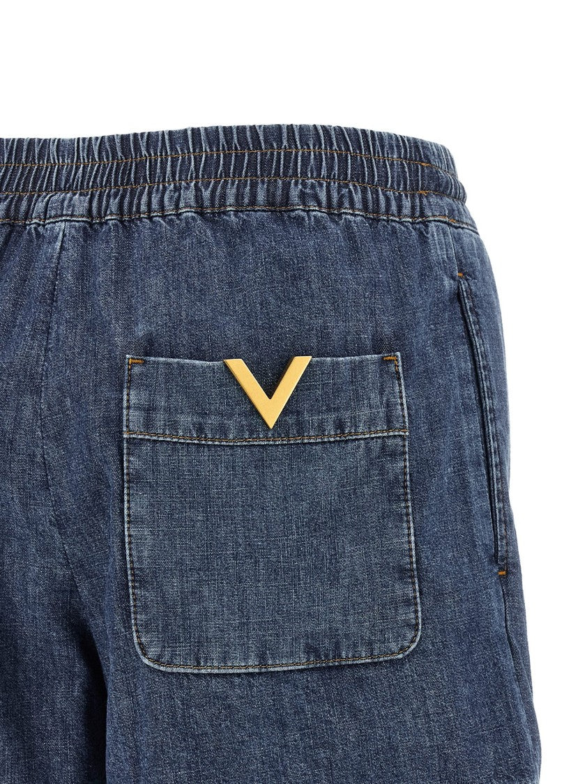 Valentino Garavani Medium Wash Chambray Denim Shorts With Contrast Stitching