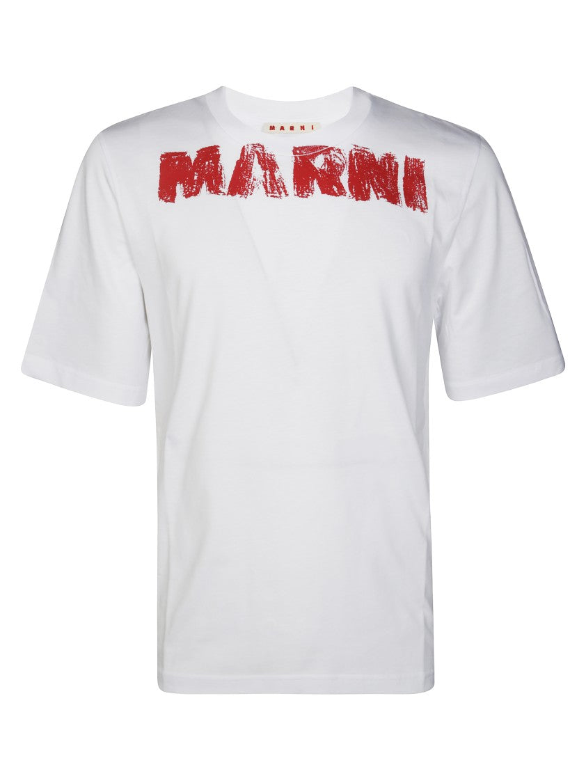 Marni Distressed Red Graphic T-Shirt With Classic Crew Neckline