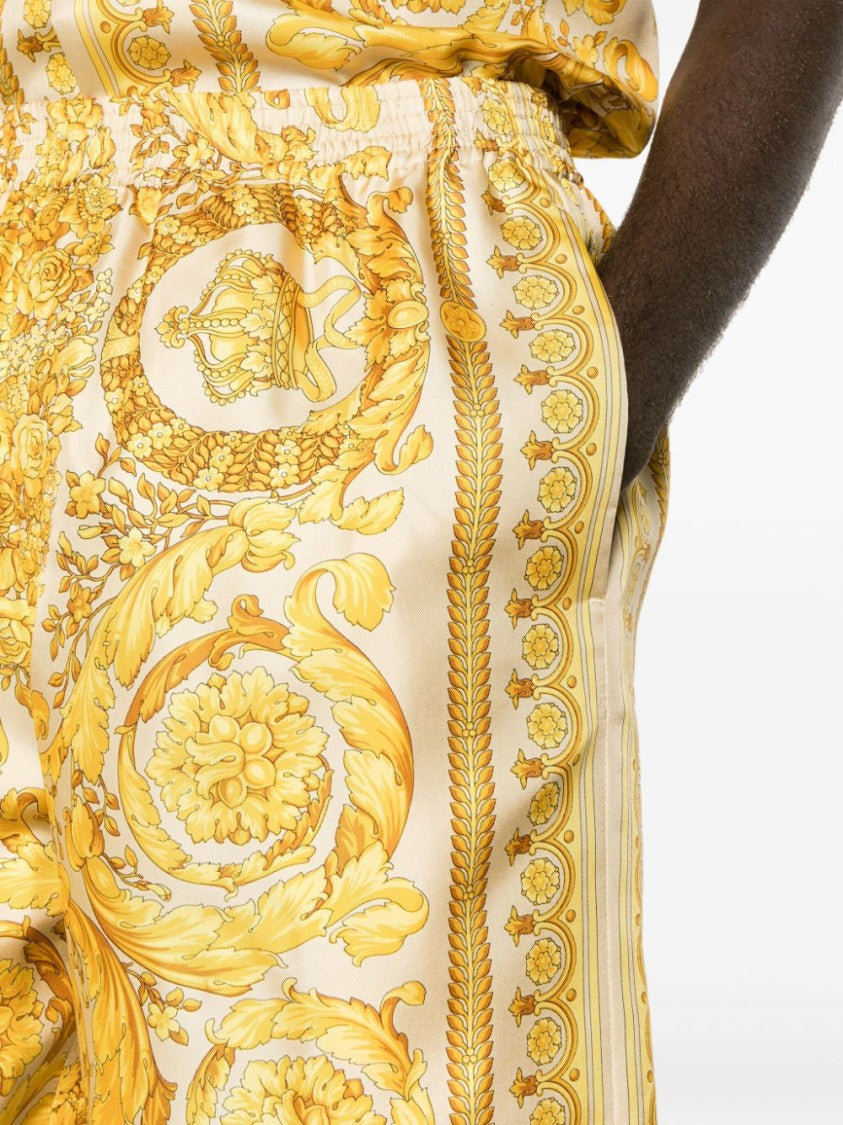 Versace Beige And Yellow Silk Barocco Print Shorts