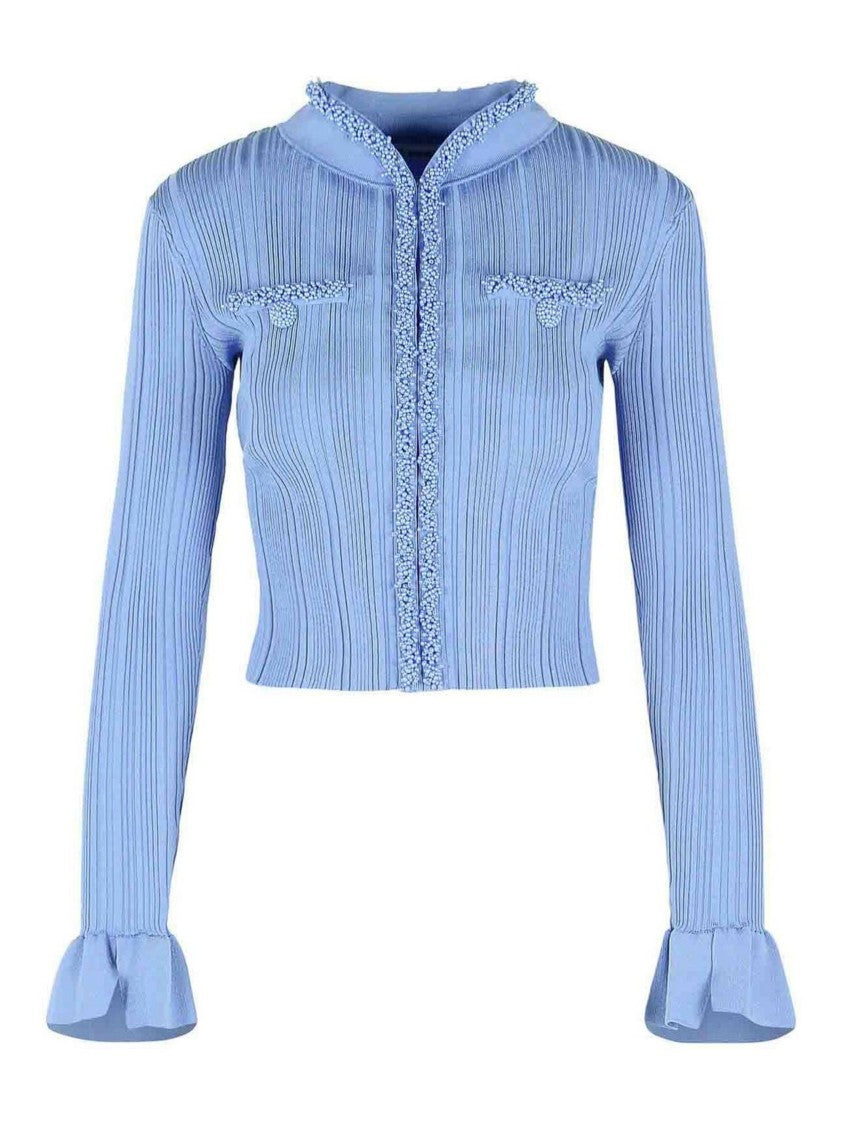 Self-Portrait Light Blue Faux Pearl Cardigan