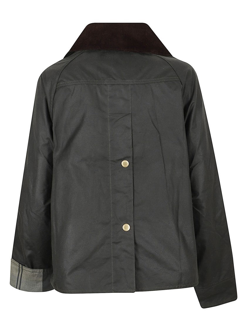 Barbour Sage Waxed Cotton Jacket With Corduroy Collar And Classic Tartan Lining