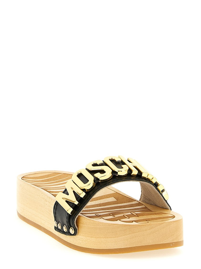 Moschino Calf Leather Clog Sandals With Bold Logo And Flatform Midsole
