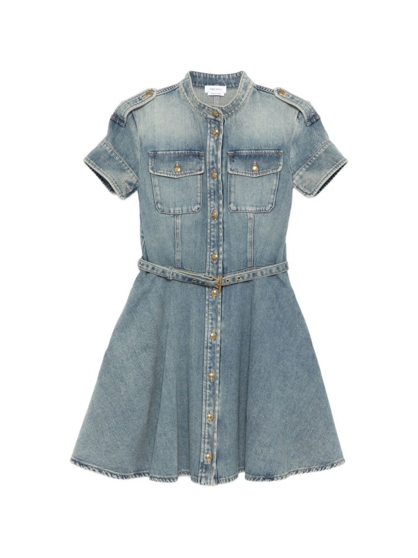 Alexander Mcqueen Faded Denim Mini Dress With Gold-Tone Accents