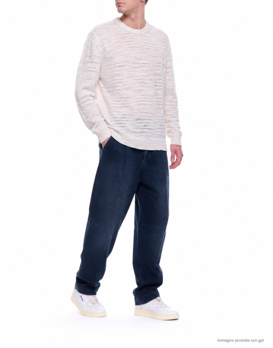 Atomofactory White Slub Crew-Neck Linen Blend Sweater