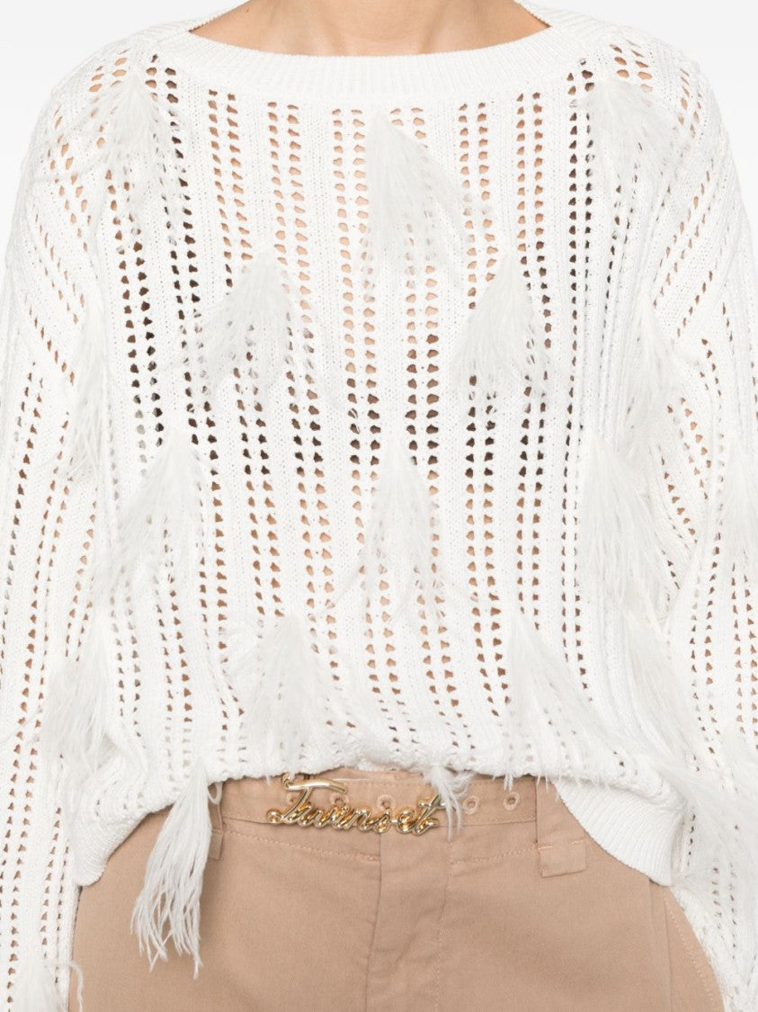 Twin-Set Textured Knit Sweater With Feather-Like Embellishments