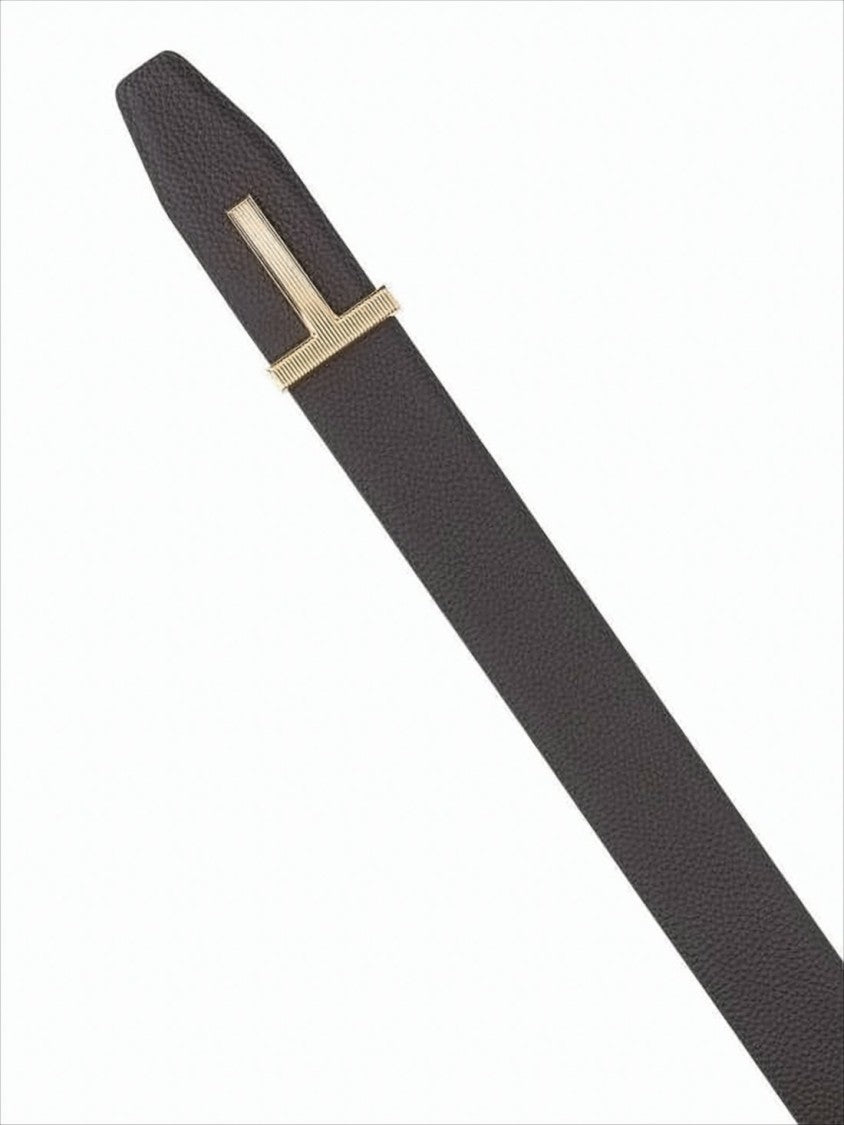 Tom Ford Textured Calfskin Leather Belt With T-Shaped Gold Buckle