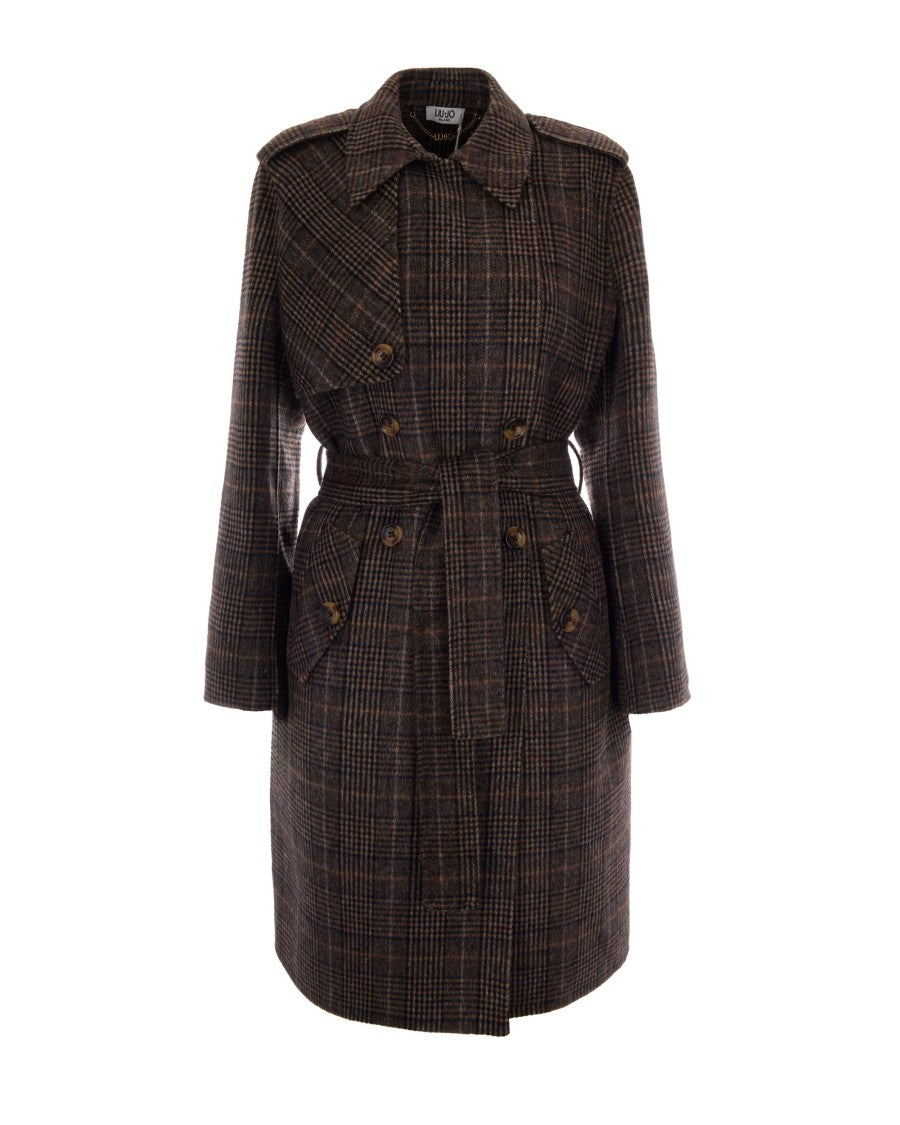 Liu Jo Classic Camel Check Long Coat With Adjustable Waistbelt