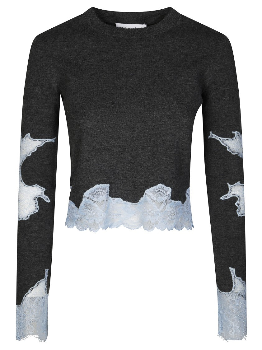 Self-Portrait Cropped Black Jumper With Lace Detailing