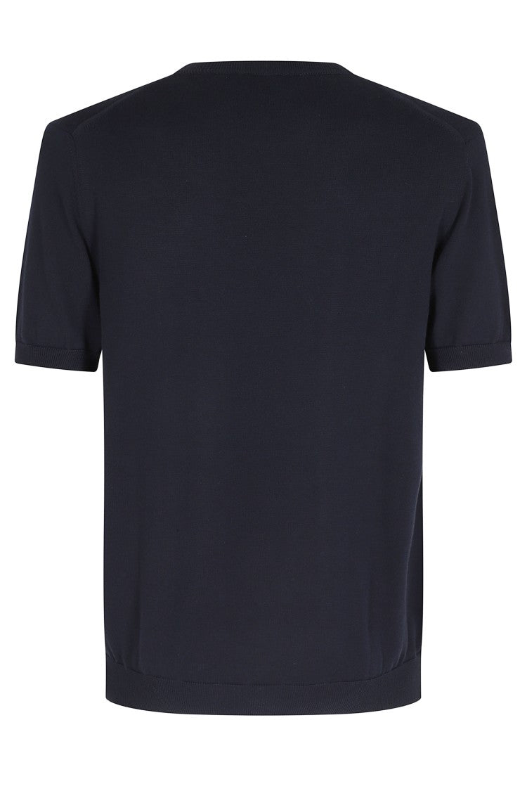 Zanone Blue Round Neck Short Sleeve Ribbed Trim Cotton Knit T-Shirt