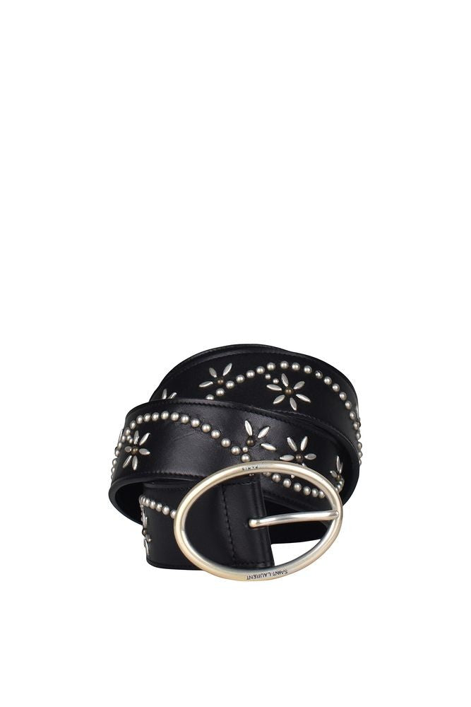 Saint Laurent Floral-Studded Leather Belt With Silver-Plated Buckle