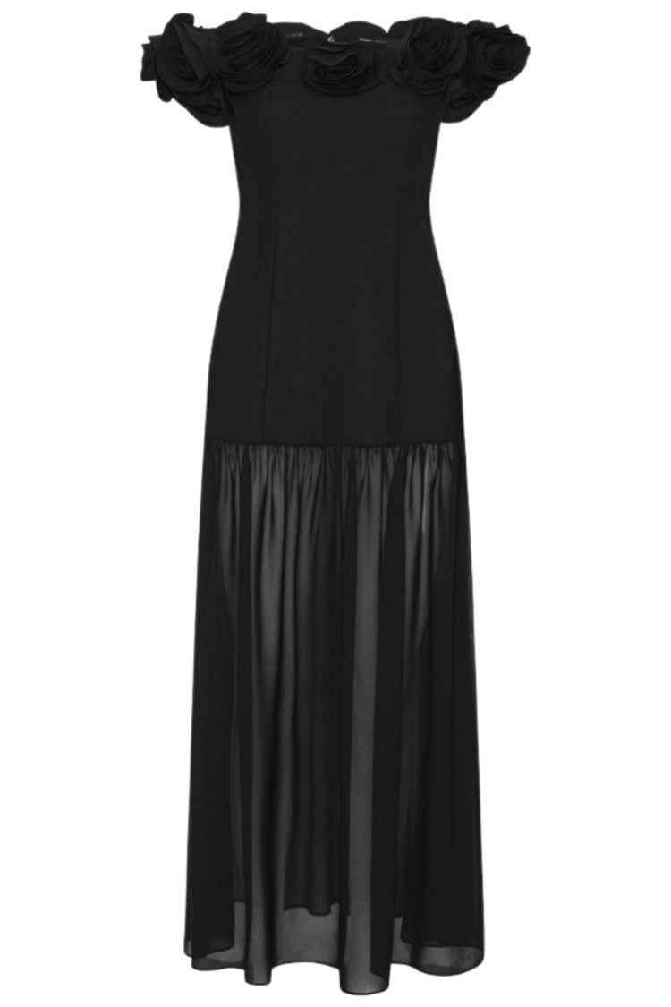 Rotate Black Crepe Off-The-Shoulder Floral Maxi Dress