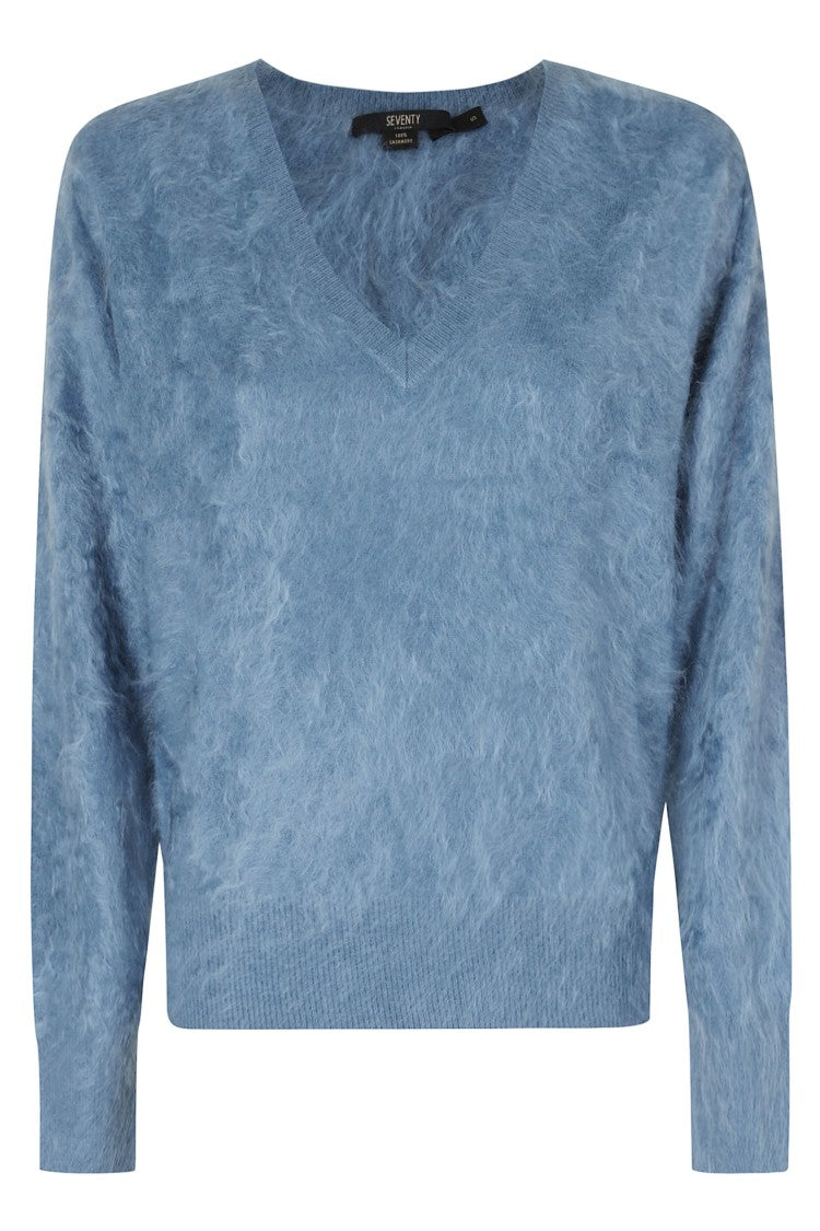 Seventy Light Blue V-Neck Cashmere Sweater With Ribbed Detailing