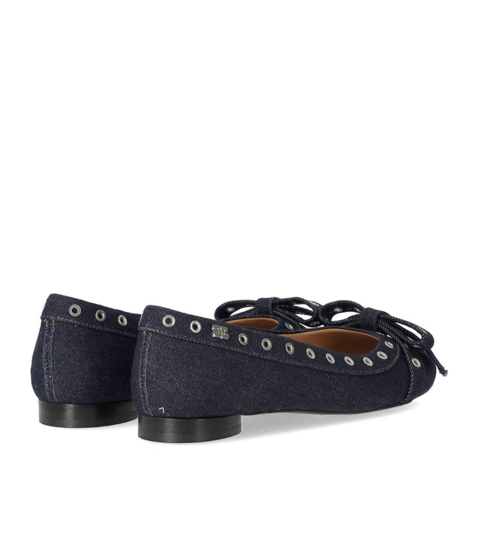 Ganni Blue Denim Ballet Flat Shoe With Bows
