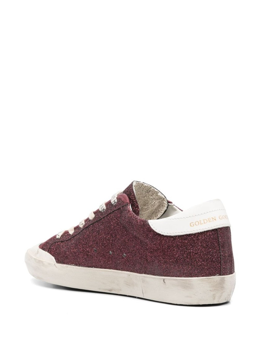 Golden Goose Bordeaux Red Glitter Low-Top Sneakers With Signature Star Patch