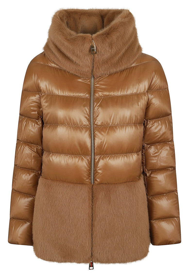Herno Ultralight Nylon Cape With Goose Down Padding And Faux Fur Trim