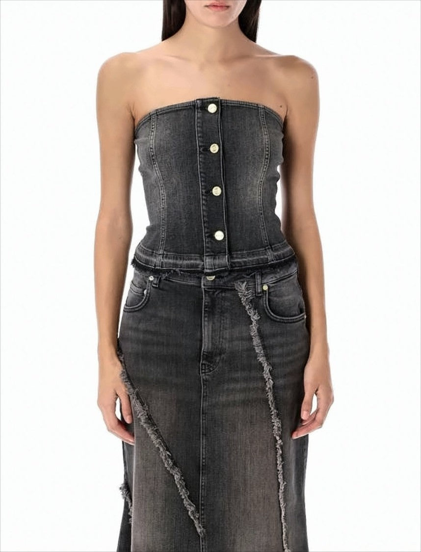 Ganni Sleeveless Denim Top With Frayed Edges And Metallic Buttons