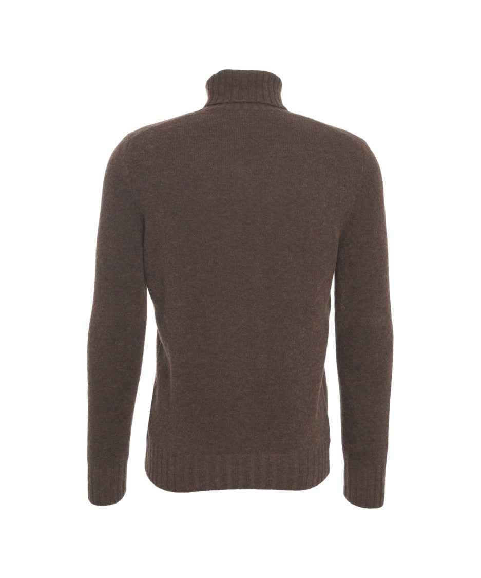 Gender Fitted Brown Wool Turtleneck Sweater With Ribbed Details