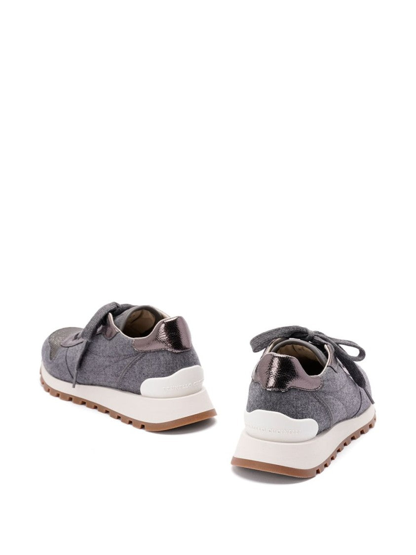 Brunello Cucinelli Gray Wool Sneaker With Monili Detail