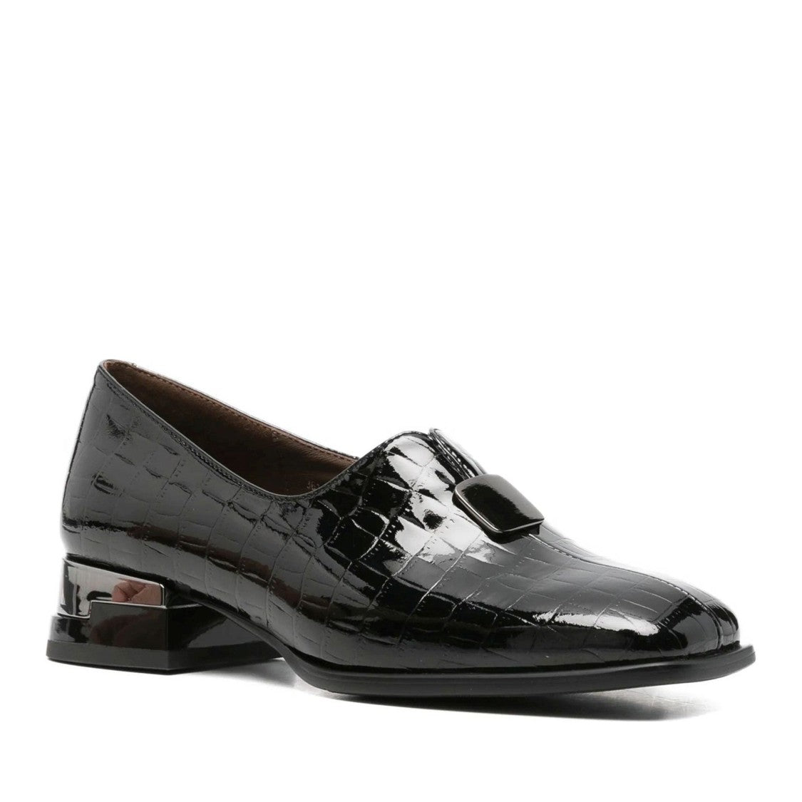 Linda Baumann Black Crocodile Pattern Glossy Patent Leather Low-Heeled Loafers