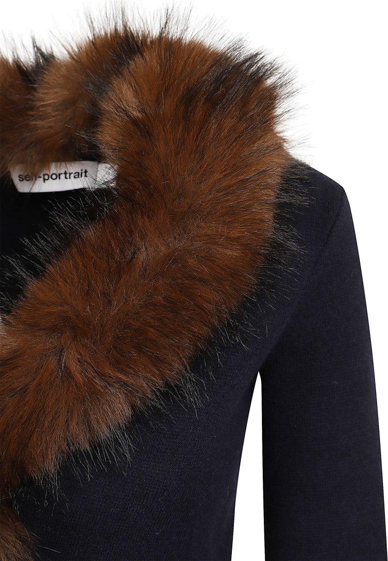 Self-Portrait Cropped Knit Cardigan With Removable Faux Fur Collar